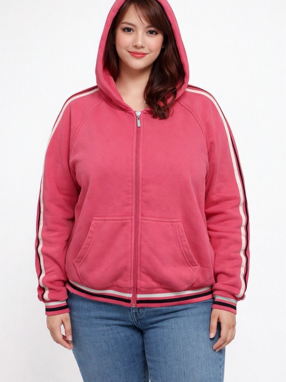 Women's Pink Hooded Zip-Up Sweatshirt